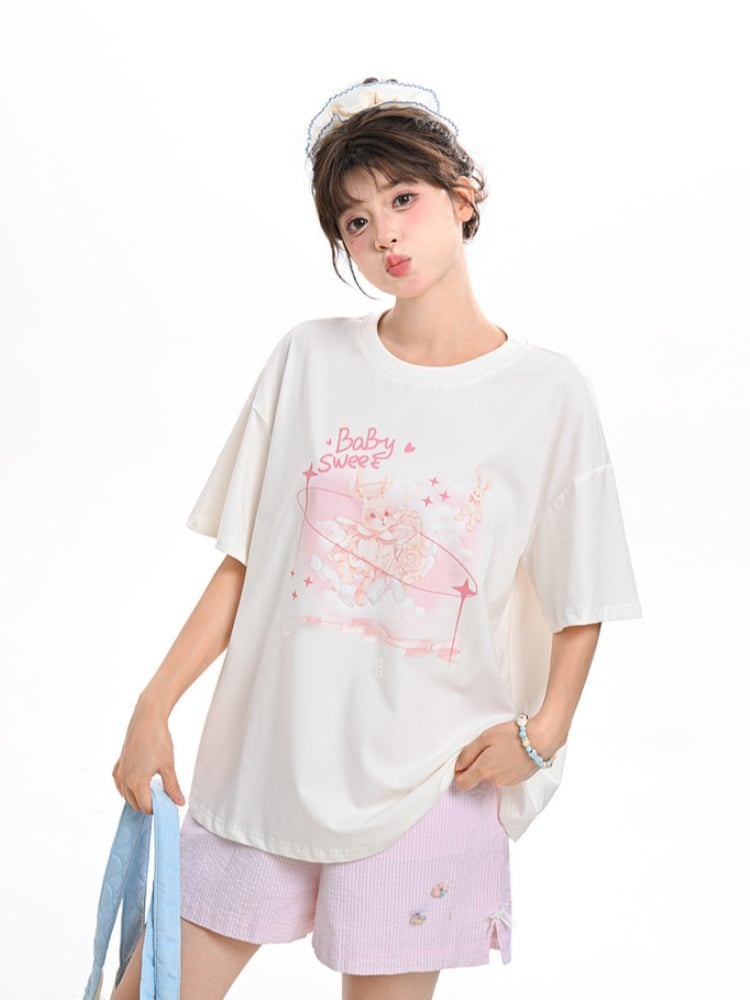 Sweet Pink Bunny Print White Round Neck Loose T-shirt
