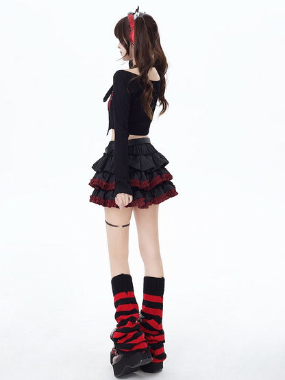 Ruffle Hem Black Punk Tiered Skirt with Free Waist Belt