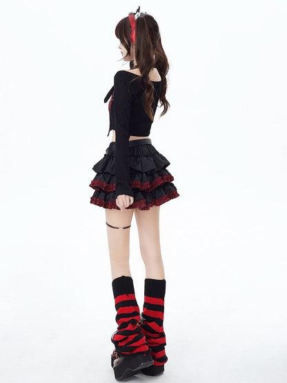 Ruffle Hem Black Punk Tiered Skirt with Free Waist Belt