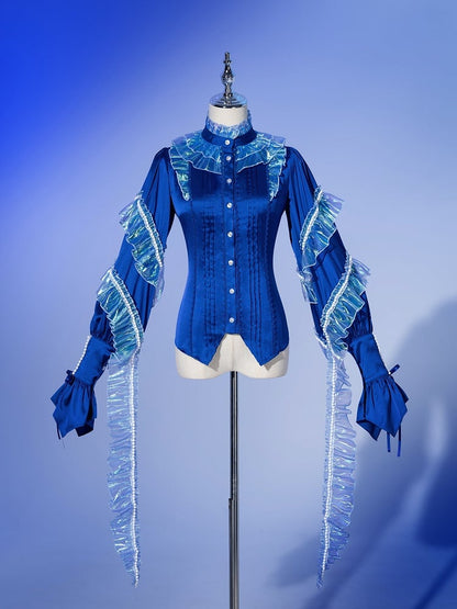 Deep Sea Blue Siren Cascading Ruffle Accents Bead Chain Long Sleeves Prince Shirt