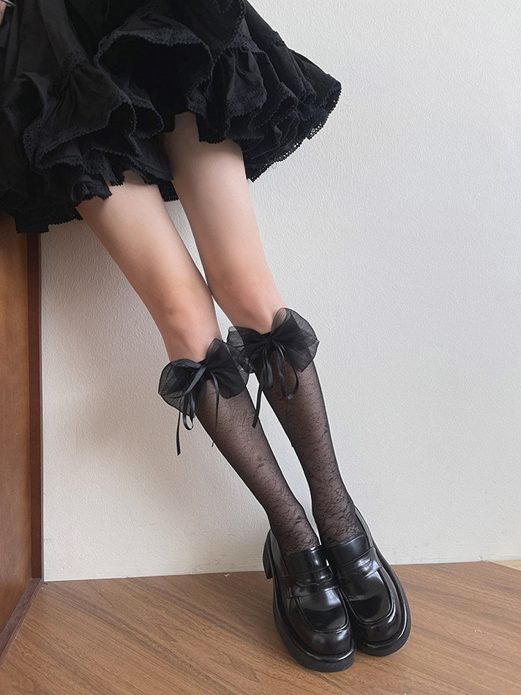 Black/White Bowknot Design Underknee Stockings