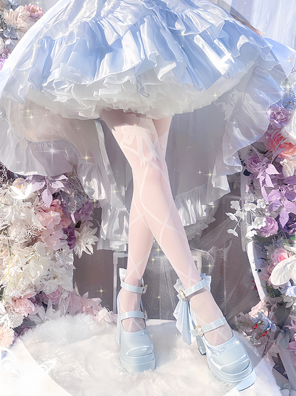 Light Blue Detachable Bowknot Lily of the Valley Embroidery High Block Heel Platform Mary Janes