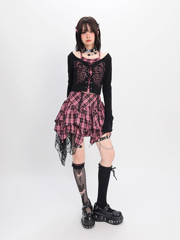 Y2K Lace-up Front Butterfly Print Black and Pink Plaid Top Faux Two-pieces