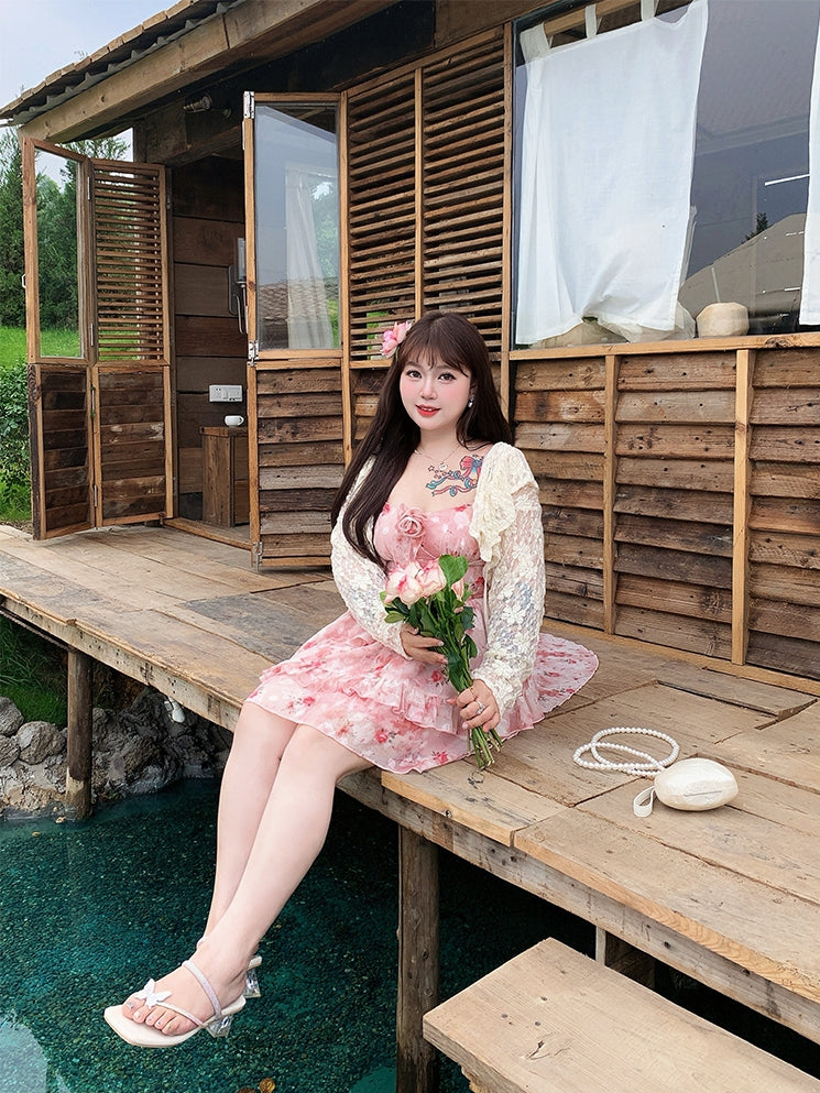 Plus Size Basque Waist Cascading Ruffle Pink Rosette Print Cami Dress High-low Skirt