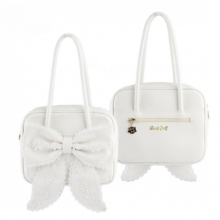 White Lace Trim Bowknot Design Hand Bag