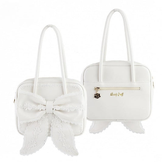 White Lace Trim Bowknot Design Hand Bag