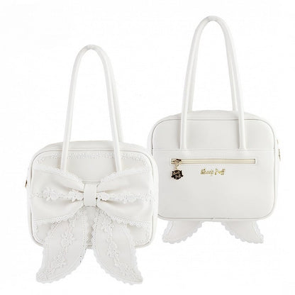 White Square Lolita PU Shoulder Bag Featuring 3 Lace Trim Styles and a Large Bow