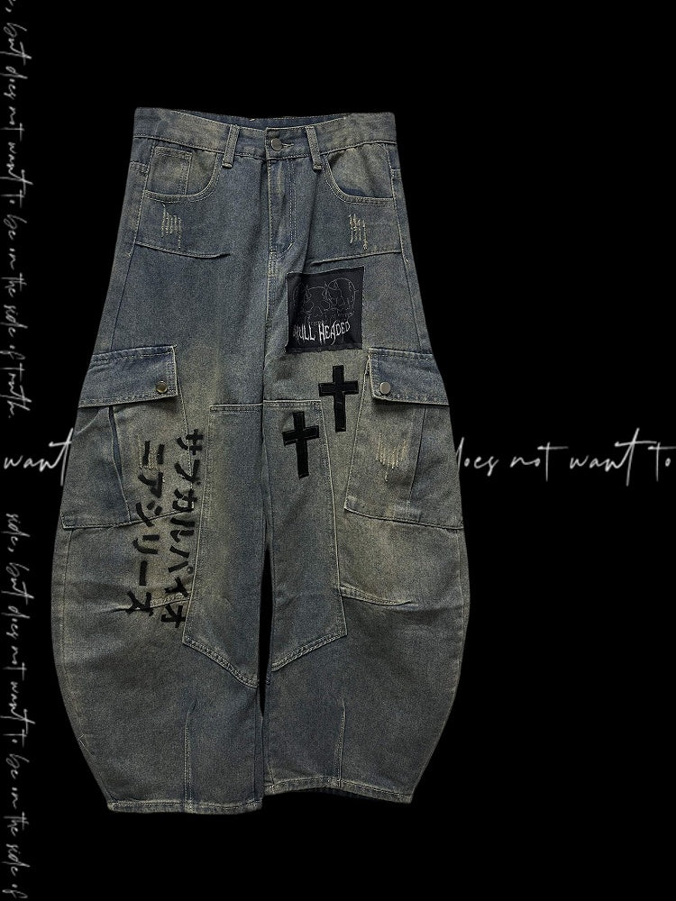 Blue Cross Applique Wasteland Punk Distressed Wide-leg Cargo Jeans