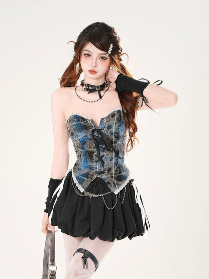 Brown/Blue Leopard and Plaid Pattern Lace-up Front Lace Trim Strapless Top