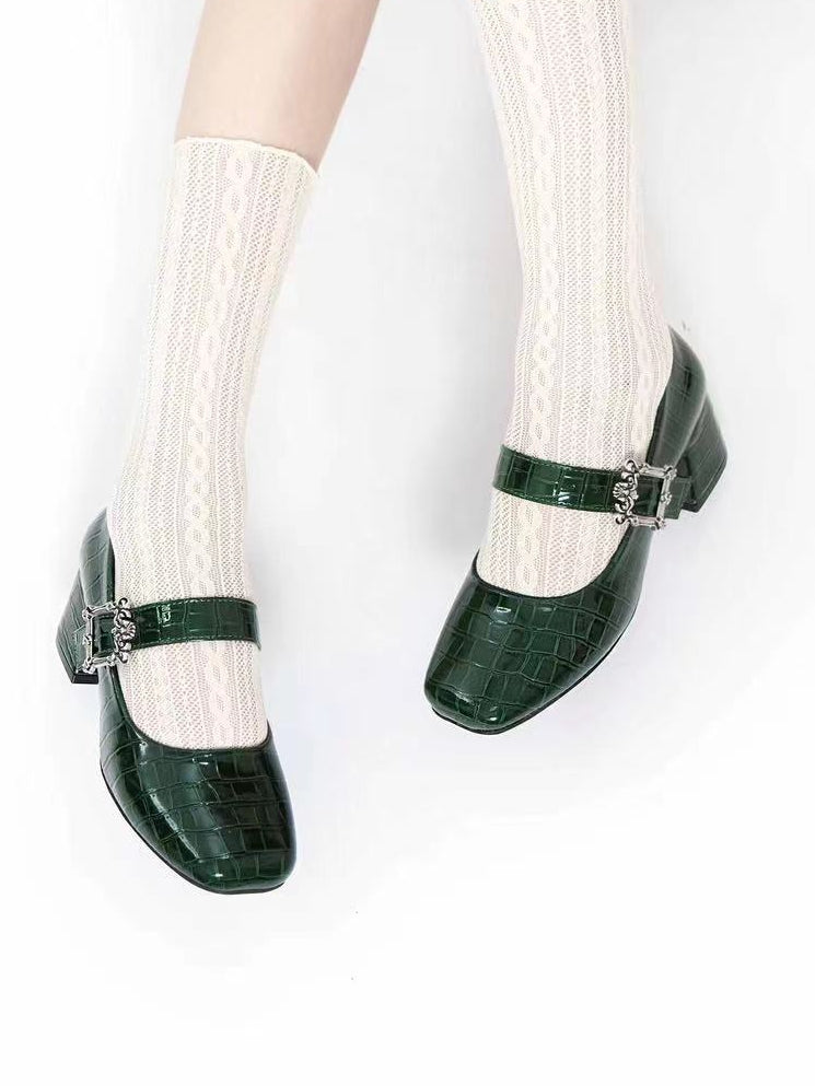 Polished Green 6CM Block Heels Mary Janes