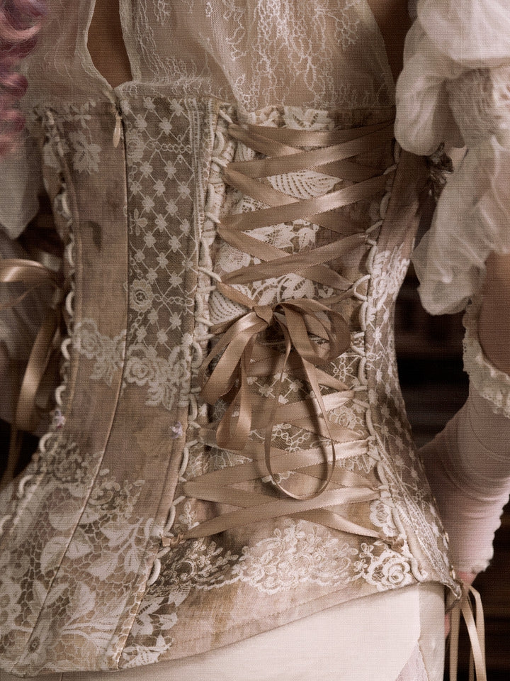 Rococo Illusion Lace Halter Neck Corset Top with Detachable Cascading Ruffle Accents