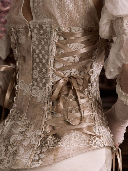 Rococo Illusion Lace Halter Neck Corset Top with Detachable Cascading Ruffle Accents