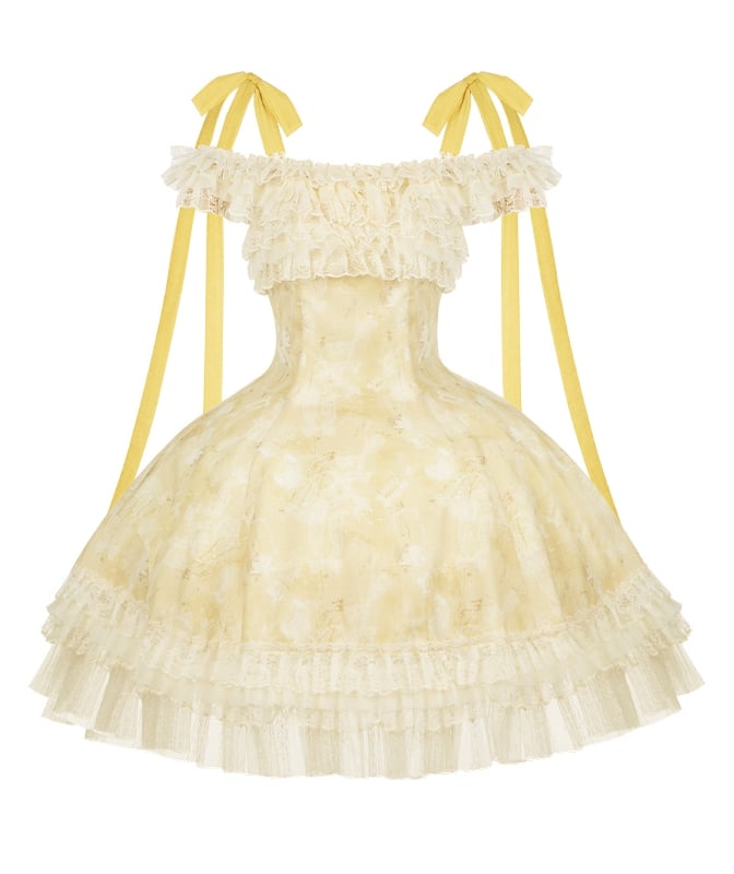 Butterfly and Floral Print Light Yellow Versatile Neckline Lolita Dress