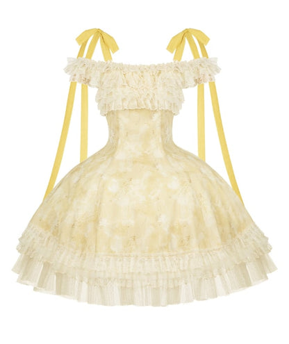 Butterfly and Floral Print Light Yellow Versatile Neckline Lolita Dress