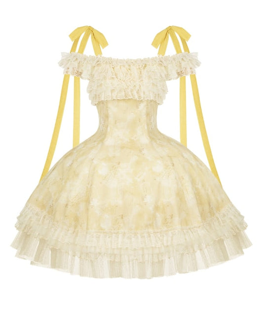 Butterfly and Floral Print Light Yellow Versatile Neckline Lolita Dress