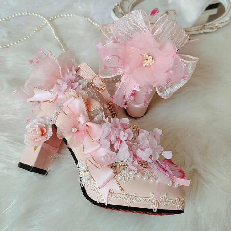 Pink Sakura Hime Lolita Shoes Bow Accents Butterfly Decorated Princess High Heels