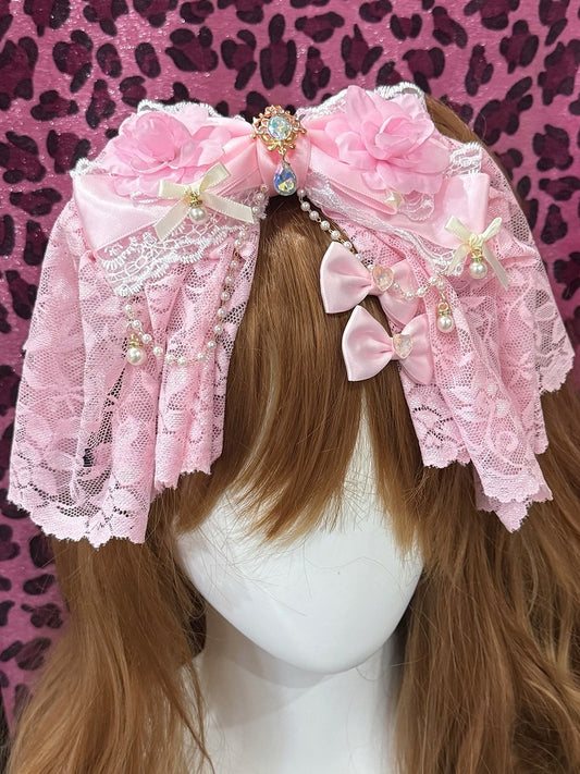 Pink Beaded Charm Floral Design Rhinestone Decorated Hairclip