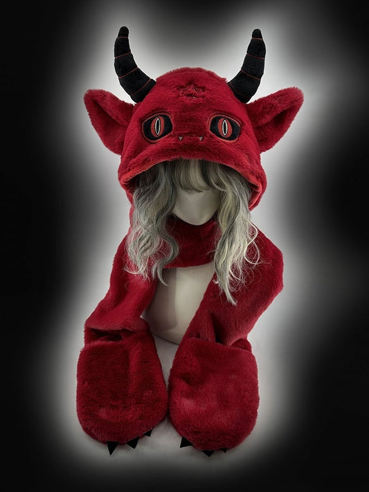 Red Devil Gothic Winter Plush Hat with Scarf Gloves