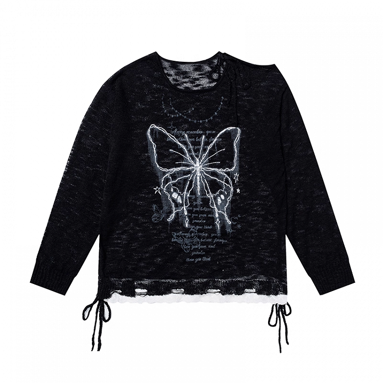 Butterfly Print Cutout Shoulder White/Black/Apricot Semi-sheer Coverup