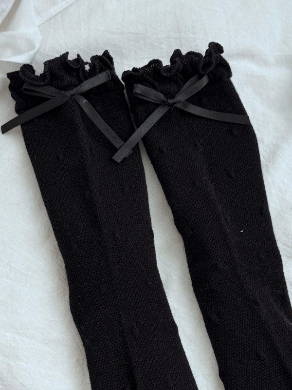 White/Black/Pink/Blue/Yellow Bowknot Details Polka-dot Pattern Ruffled Cuffs Calf Socks
