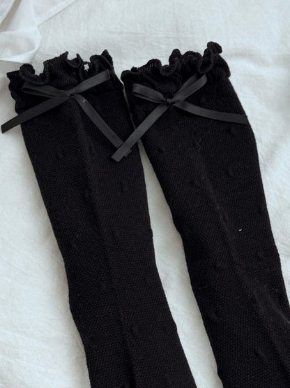 White/Black/Pink/Blue/Yellow Bowknot Details Polka-dot Pattern Ruffled Cuffs Calf Socks