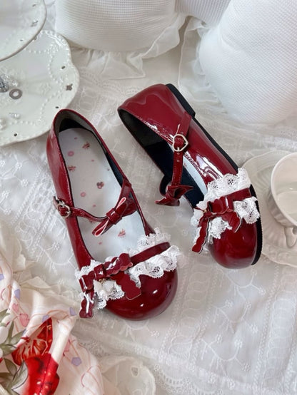 Ruffled Lace Detail, Bow Accents & Practical Heart Buckle Snap Wine Red PU Leather Flat Shoes in Sweet Lolita