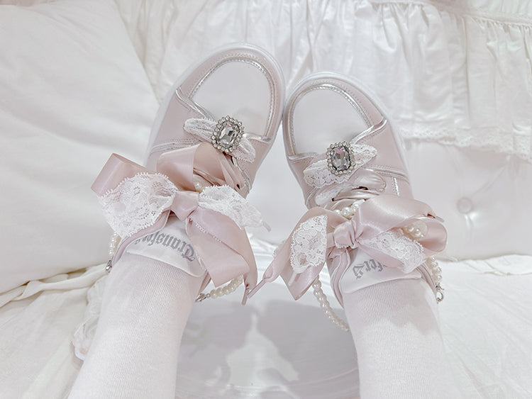 Jirai Kei Pink Rhinestone Platform Shoes with Detachable Beaded Chain