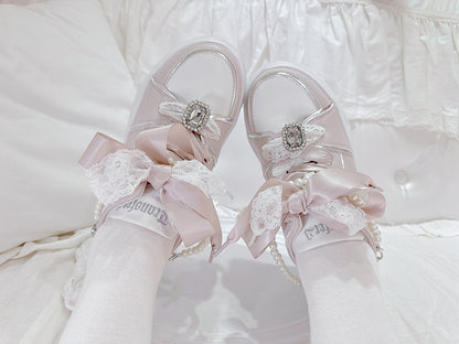 Jirai Kei Pink Rhinestone Platform Shoes with Detachable Beaded Chain