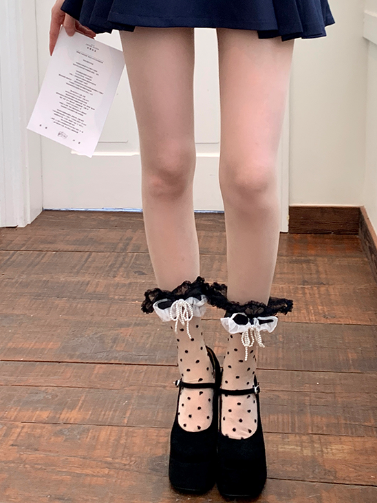 Yellow/Pink/Blue/Black Beaded Bowknot Lace Trim Polka-dot Pattern Ankle Socks