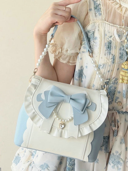 Blue & White Elegant Lolita Bag - Sparkling Heart Charm, Beaded Decor Bow & Dual Interchangeable Straps