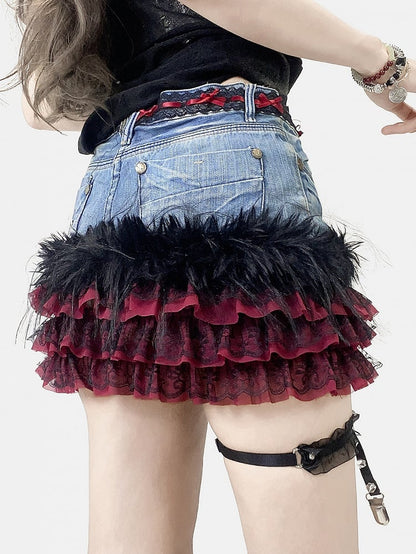 Blue Y2K Contrast Lace Patches Tiered Skirt
