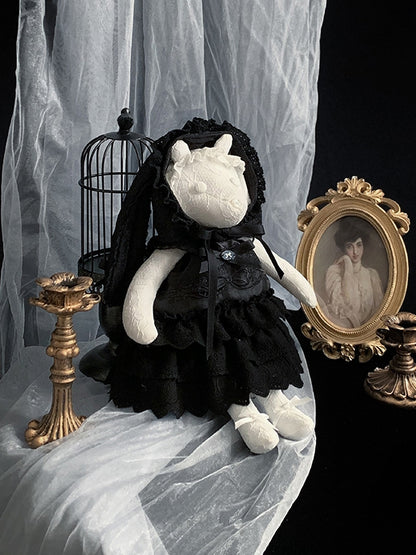 Black Rosette and Bowknot Embroidery Dress + Bunny Ears Hat