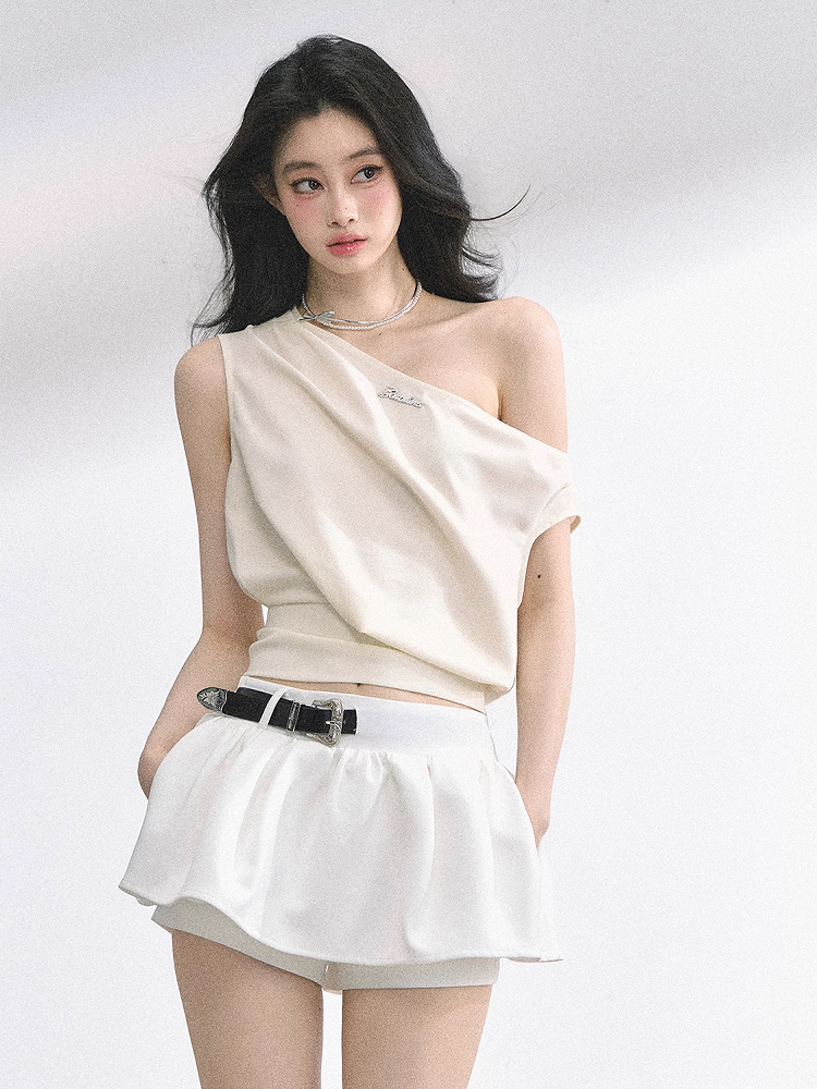 Apricot/Khaki Asymmetrical Neckline Self-tie Bow Back T-shirt