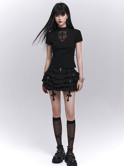 Gothic Black Cross Charms Mini Tiered Skirt Bloomers Lining