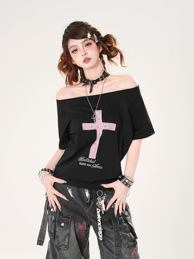 Off-the-shoulder Neckline Cross Print Black/White Loose T-shirt