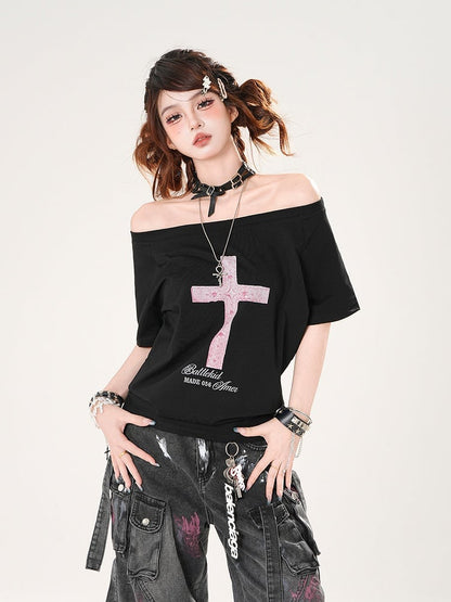 Off-the-shoulder Neckline Cross Print Black/White Loose T-shirt