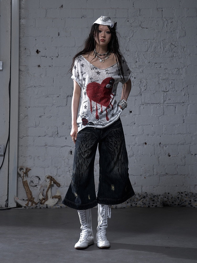 Blue/Yellow Faded Wash Distressed Holes Angel Wing Embroidery Vintage Punk Wide-leg Jeans