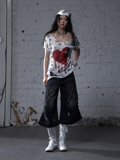 Blue/Yellow Faded Wash Distressed Holes Angel Wing Embroidery Vintage Punk Wide-leg Jeans