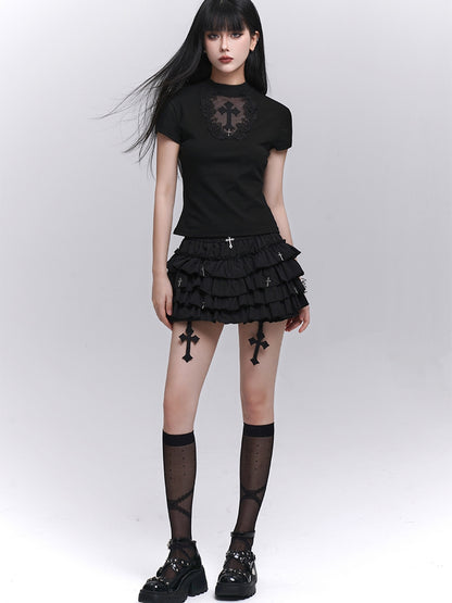 Gothic Black Cross Charms Mini Tiered Skirt Bloomers Lining