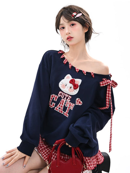 Red Plaid Self-tie Straps at Asymmetrical Neckline Kitty Embroidery Applique Navy Blue Sweatshirt