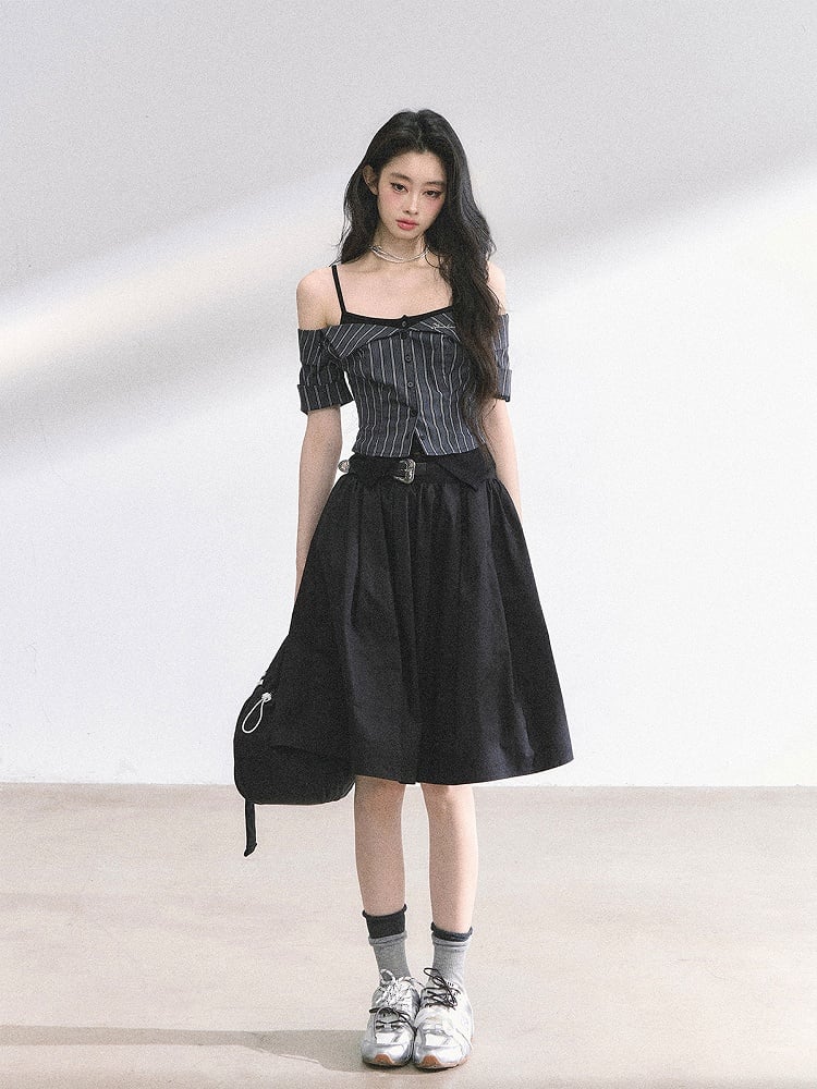 Off-the-shoulder Neckline Black and Gray Striped Top Faux Two-pieces