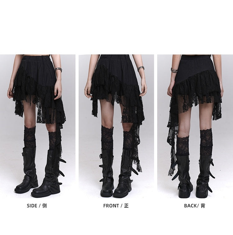 Black Lace Patchwork Cascading Ruffles Skirt