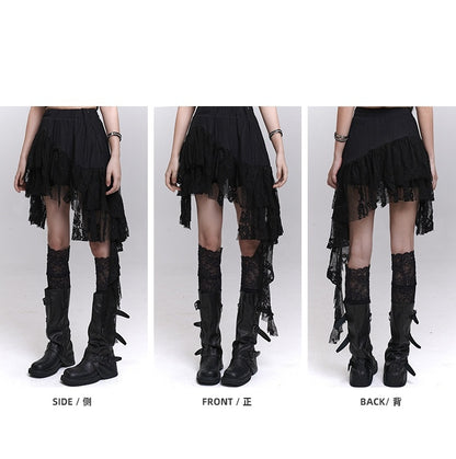 Black Lace Patchwork Cascading Ruffles Skirt