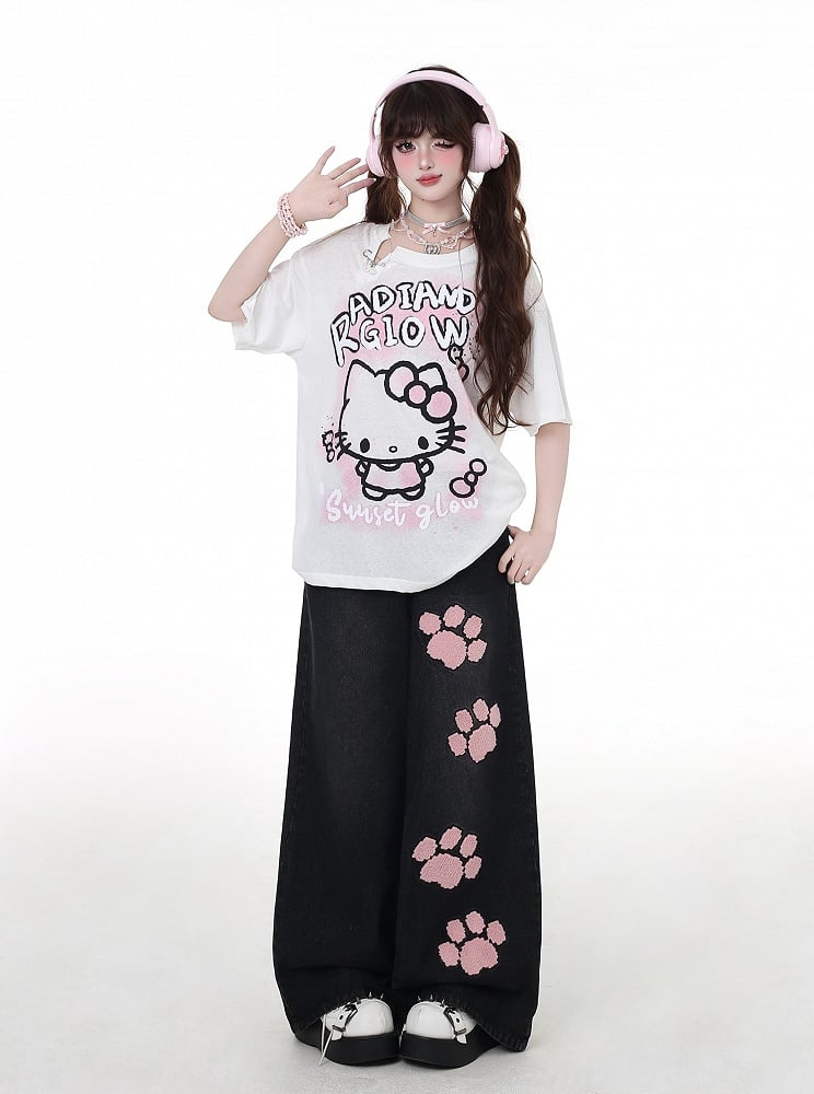 Pink Paw Embroidery Black Low Waist Straight-Leg Jeans