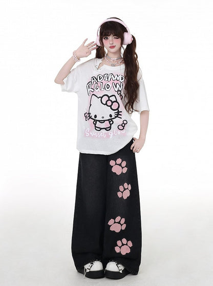 Pink Paw Embroidery Black Low Waist Straight-Leg Jeans