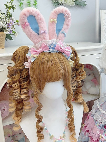 Black/Blue&Pink Polka-dot And Plaid Pattern Bowknot Details Thicken Version Plush Large Size Bunny Ear KC