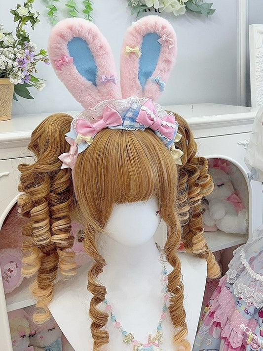 Black/Blue&Pink Polka-dot And Plaid Pattern Bowknot Details Thicken Version Plush Large Size Bunny Ear KC