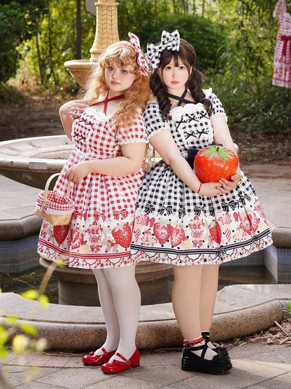 Plus Size Red Strawberry and Bow Print Lolita Gingham Dress