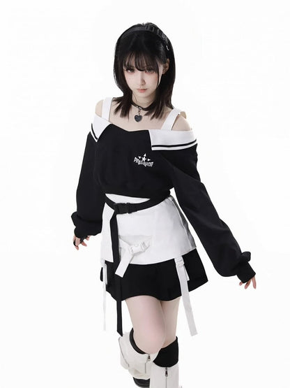 Wasteland Punk Black V-Neck Futuristic Techwear Cropped Sweatshirt