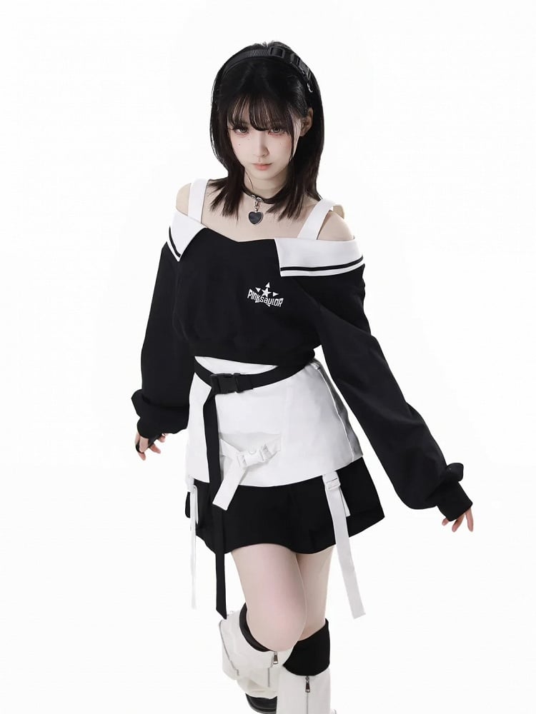 Wasteland Punk Black Snap Details Techwear Skirt